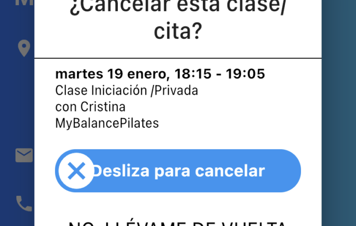 Instala la APP de tus clases de pilates  y cancela tus clases con un click cada vez que no puedas asistir....